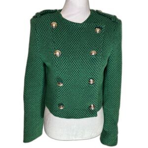 Zara Green Tweed Cropped Blogger Button Up Long Sleeve Sweater Womens Designer